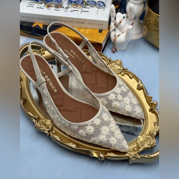 🆕 KURT GEIGER LONDON 🧿 NWOB Belgravia Floral Mesh Sling Back Heel, Cream Sz 7 - Picture 7 of 15